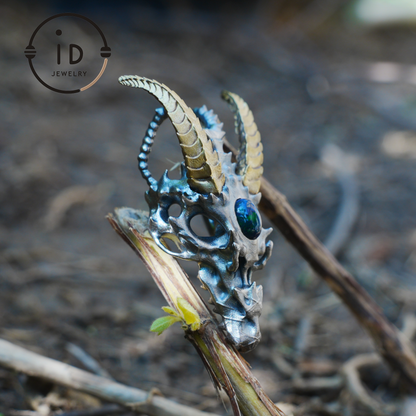Sterling silver pendant with opal eye dragon head and golden horns in gothic totem style gift for him or fantasy lovers