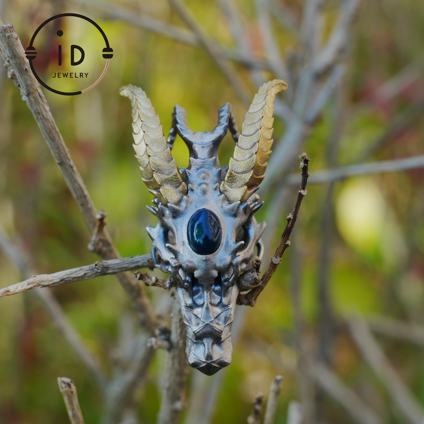 Sterling silver pendant with opal eye dragon head and golden horns in gothic totem style gift for him or fantasy lovers