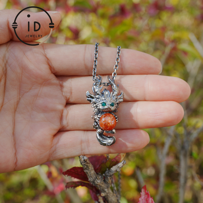 Silver Sunstone Pendant with Oxidized 925 Sterling, Fantasy Totem Necklace for Her, Vintage Gothic Jewelry, Christmas Birthday Gift, Large Gemstone Talisman