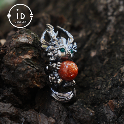 Silver Sunstone Pendant with Oxidized 925 Sterling, Fantasy Totem Necklace for Her, Vintage Gothic Jewelry, Christmas Birthday Gift, Large Gemstone Talisman