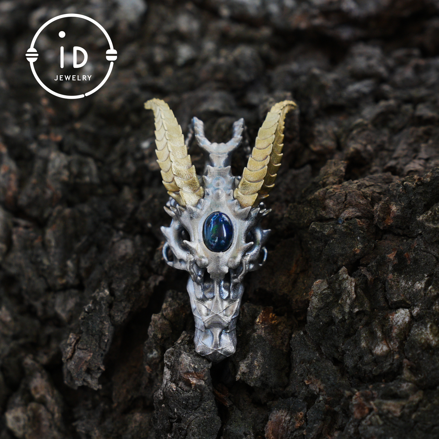 Sterling silver pendant with opal eye dragon head and golden horns in gothic totem style gift for him or fantasy lovers