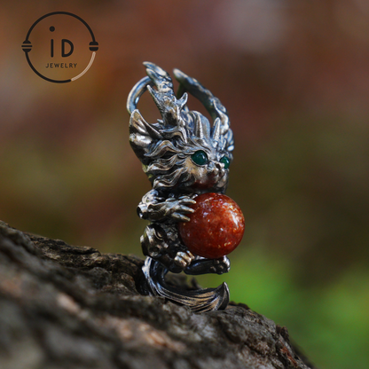 Silver Sunstone Pendant with Oxidized 925 Sterling, Fantasy Totem Necklace for Her, Vintage Gothic Jewelry, Christmas Birthday Gift, Large Gemstone Talisman