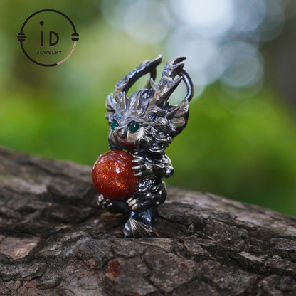 Silver Sunstone Pendant with Oxidized 925 Sterling, Fantasy Totem Necklace for Her, Vintage Gothic Jewelry, Christmas Birthday Gift, Large Gemstone Talisman