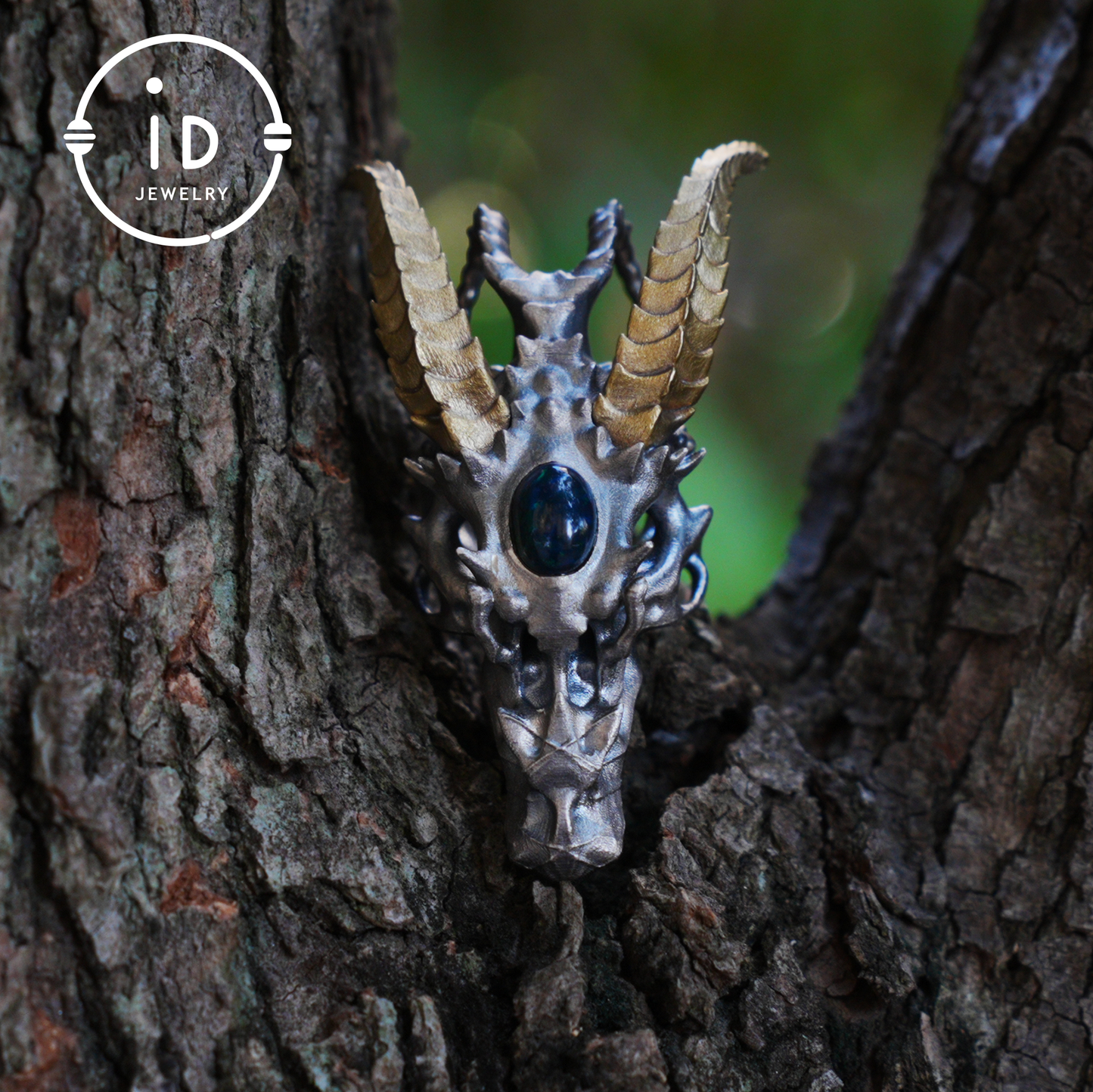 Sterling silver pendant with opal eye dragon head and golden horns in gothic totem style gift for him or fantasy lovers