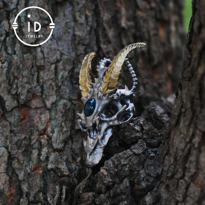 Sterling silver pendant with opal eye dragon head and golden horns in gothic totem style gift for him or fantasy lovers