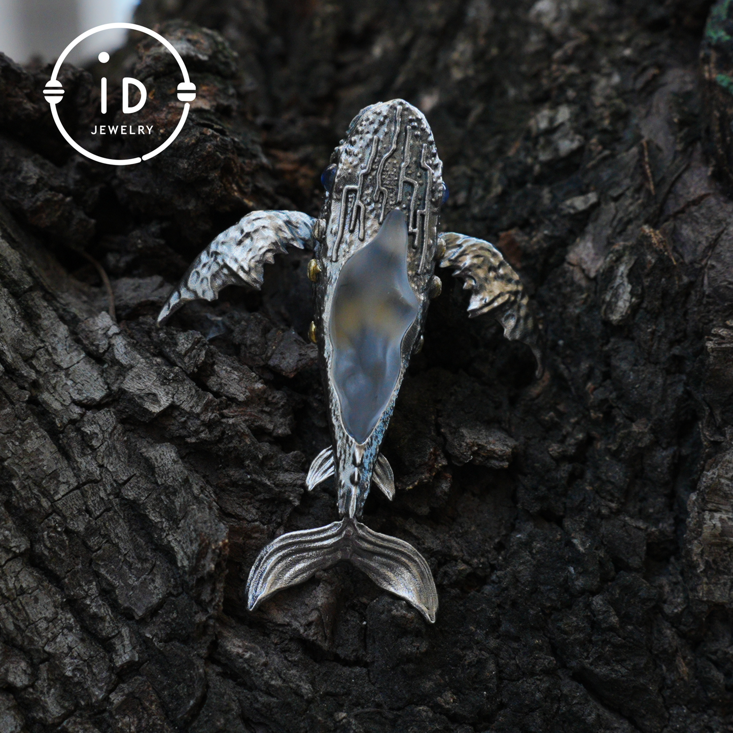 White Crystal Whale Pendant & Brooch in 925 Silver, Labradorite Totem Jewelry Gothic Style, Gift for Her Christmas