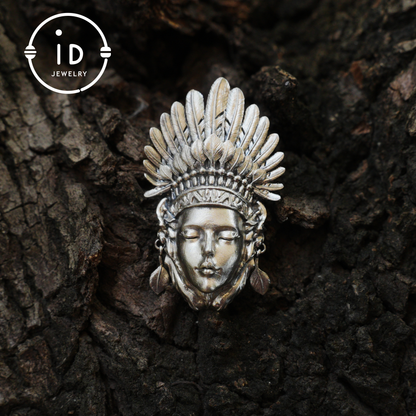 Handcrafted Face Pendant in Oxidized 925 Silver with Feather Crown | Tribal & Gothic Style | Gift for Women | Statement Jewelry
