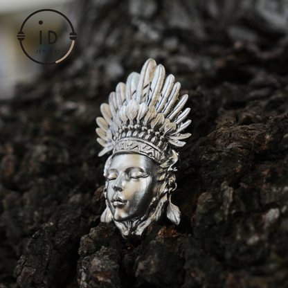 Handcrafted Face Pendant in Oxidized 925 Silver with Feather Crown | Tribal & Gothic Style | Gift for Women | Statement Jewelry