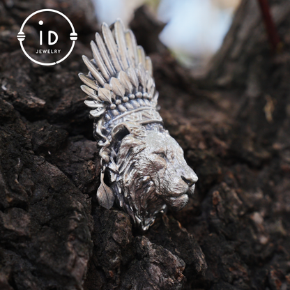 Handcrafted Lion Head Pendant in Oxidized 925 Silver with Feather Crown in Tribal Style, Bold Gift for Men, Women, Spiritual Wear