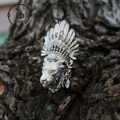Handcrafted Lion Head Pendant in Oxidized 925 Silver with Feather Crown in Tribal Style, Bold Gift for Men, Women, Spiritual Wear