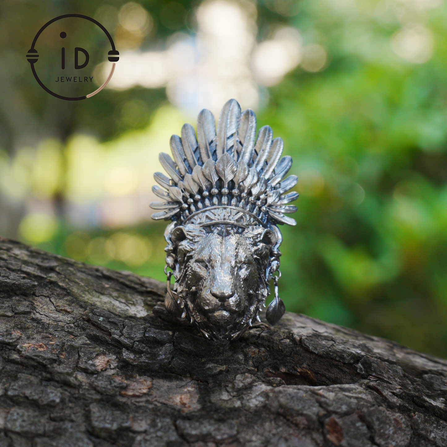 Handcrafted Lion Head Pendant in Oxidized 925 Silver with Feather Crown in Tribal Style, Bold Gift for Men, Women, Spiritual Wear