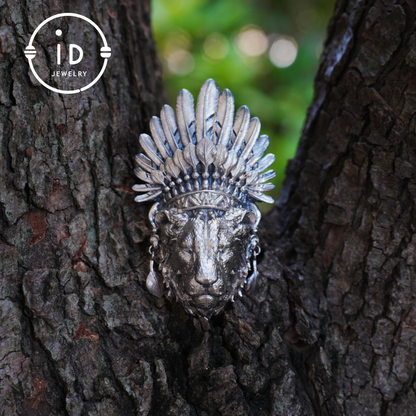 Handcrafted Lion Head Pendant in Oxidized 925 Silver with Feather Crown in Tribal Style, Bold Gift for Men, Women, Spiritual Wear