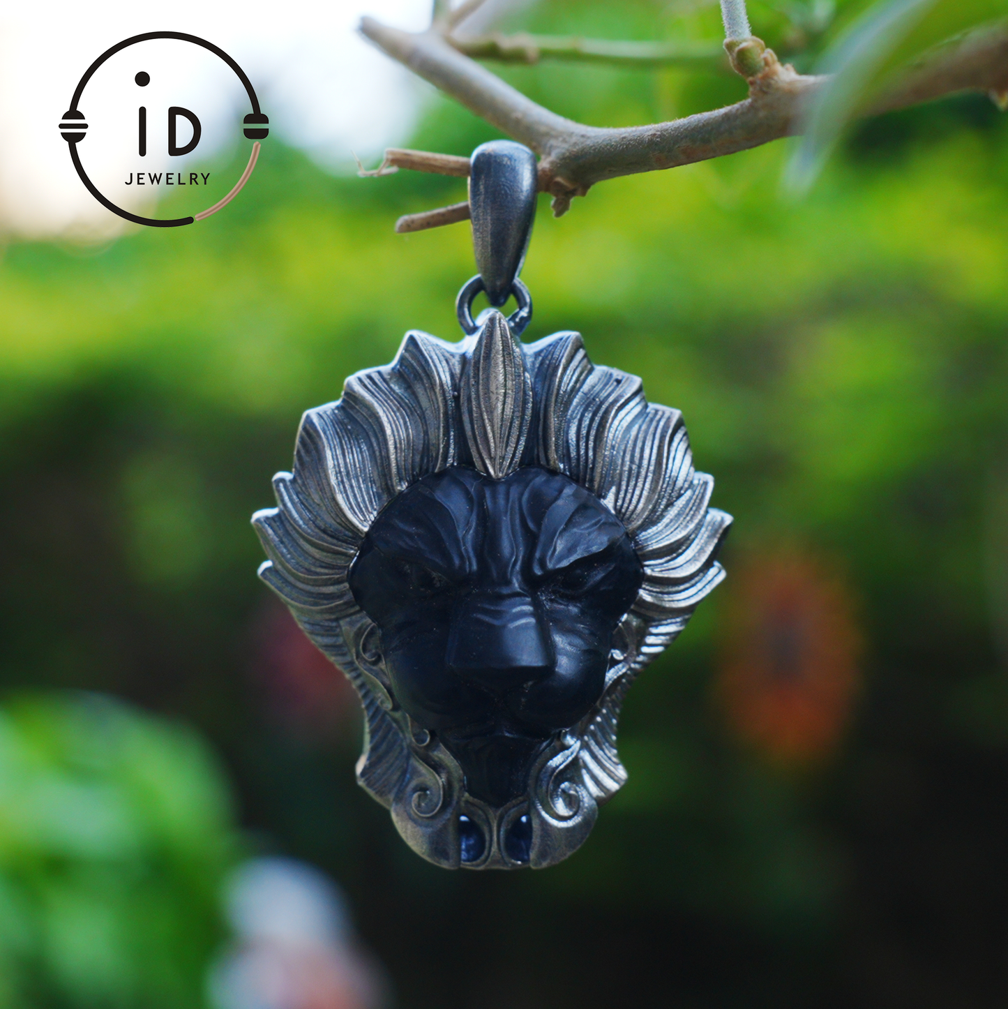 Lion Pendant in 925 Silver with Hand Carved Black Jade, Totem Style Fantasy Necklace, Symbolic Jewelry Gift for Men and Women