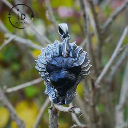 Lion Pendant in 925 Silver with Hand Carved Black Jade, Totem Style Fantasy Necklace, Symbolic Jewelry Gift for Men and Women