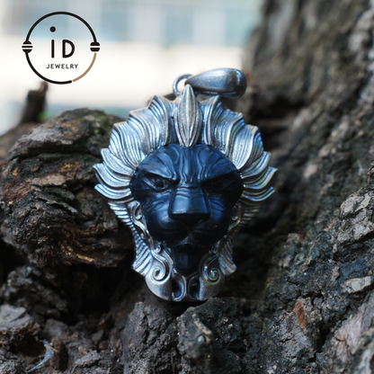 Lion Pendant in 925 Silver with Hand Carved Black Jade, Totem Style Fantasy Necklace, Symbolic Jewelry Gift for Men and Women