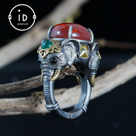 Adjustable Elephant Ring in 925 Sterling Silver with Red Agate and Green Stones, Totem Style Animal Symbol Jewelry, Spiritual Gift for Her
