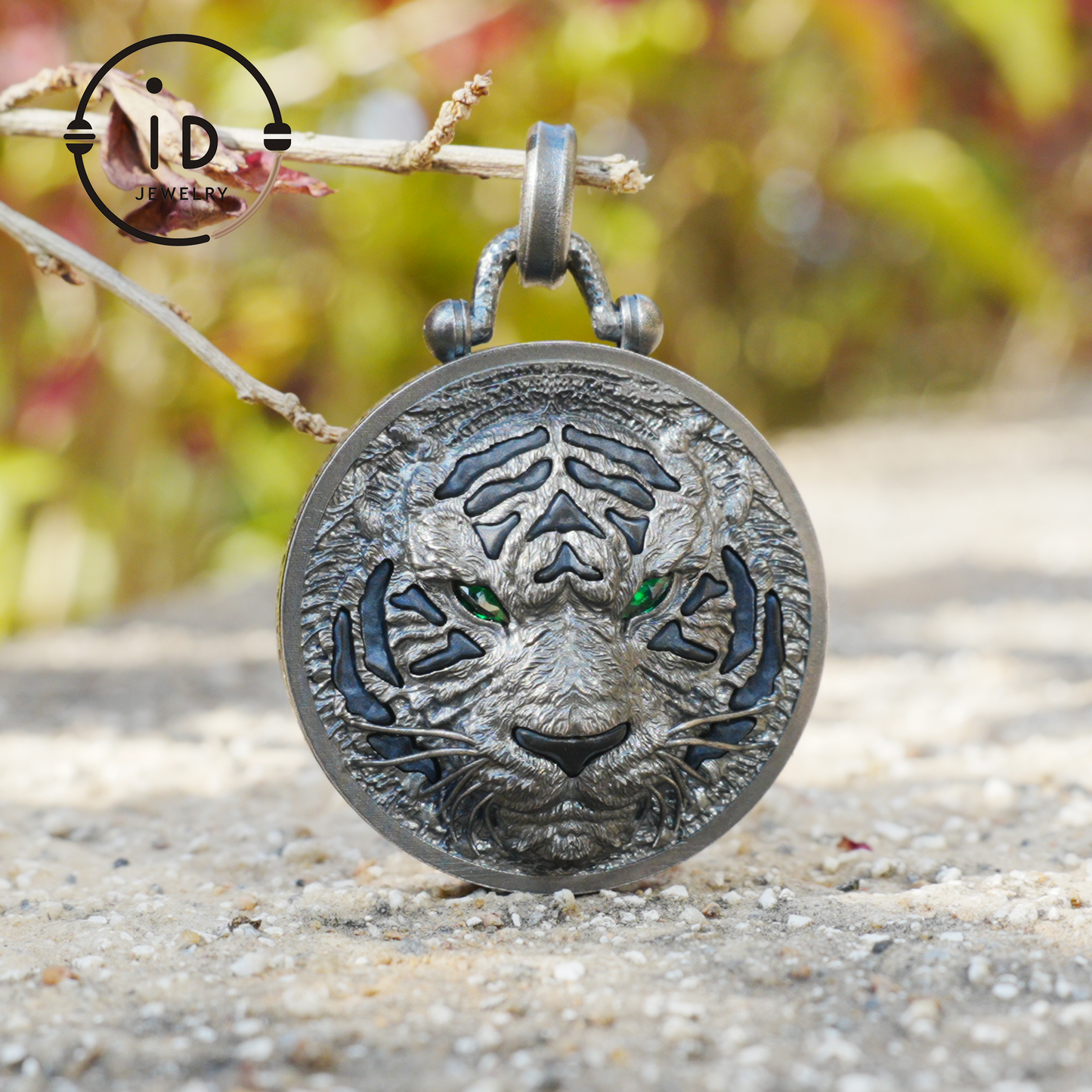 Tiger Head Pendant in 925 Sterling Silver with Black Nephrite, Green Zirconia Eyes and Lapis Lazuli – Gothic Totem Necklace for Men