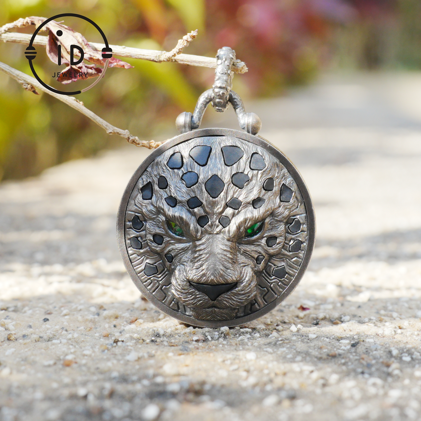 Sterling Silver Leopard Head Pendant with Black Jade, Green Zircon Eyes and Lapis Lazuli, Gothic Totem Necklace Gift for Men