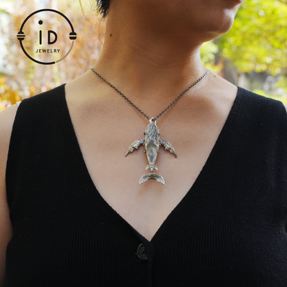 White Crystal Whale Pendant & Brooch in 925 Silver, Labradorite Totem Jewelry Gothic Style, Gift for Her Christmas