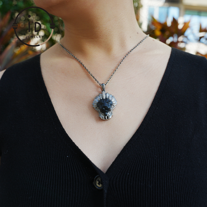 Lion Pendant in 925 Silver with Hand Carved Black Jade, Totem Style Fantasy Necklace, Symbolic Jewelry Gift for Men and Women