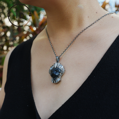 Lion Pendant in 925 Silver with Hand Carved Black Jade, Totem Style Fantasy Necklace, Symbolic Jewelry Gift for Men and Women
