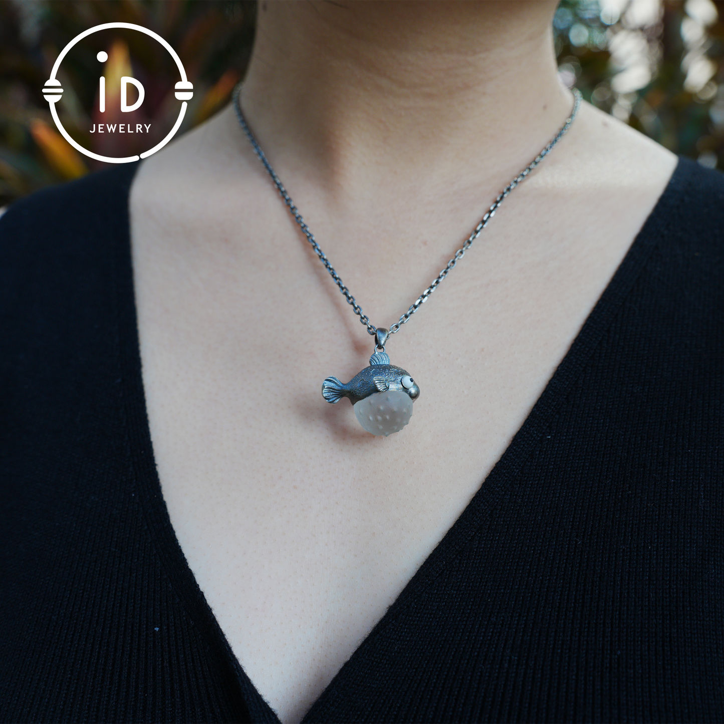 Pufferfish Pendant in White Crystal and 925 Silver, Oxidized, Animal Figurine Jewelry in Fairytale Style, Gift for Her or Decor