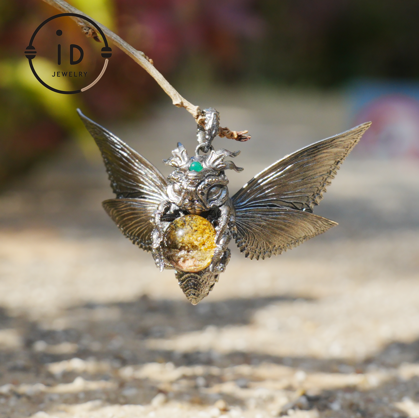 Silver Moth Pendant with Phantom Quartz, Green Zirconia and Natural Stone, Handcrafted Gothic Fantasy Jewelry Gift for Women