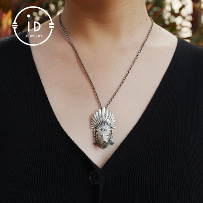 Handcrafted Lion Head Pendant in Oxidized 925 Silver with Feather Crown in Tribal Style, Bold Gift for Men, Women, Spiritual Wear