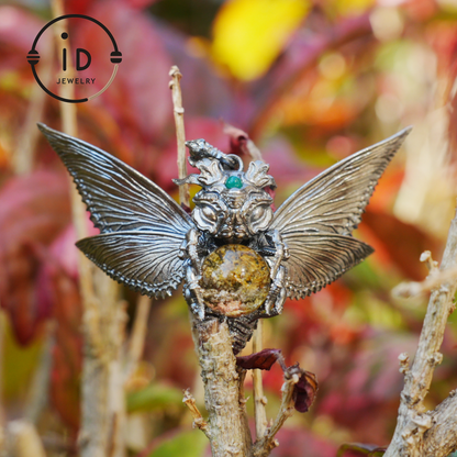 Silver Moth Pendant with Phantom Quartz, Green Zirconia and Natural Stone, Handcrafted Gothic Fantasy Jewelry Gift for Women