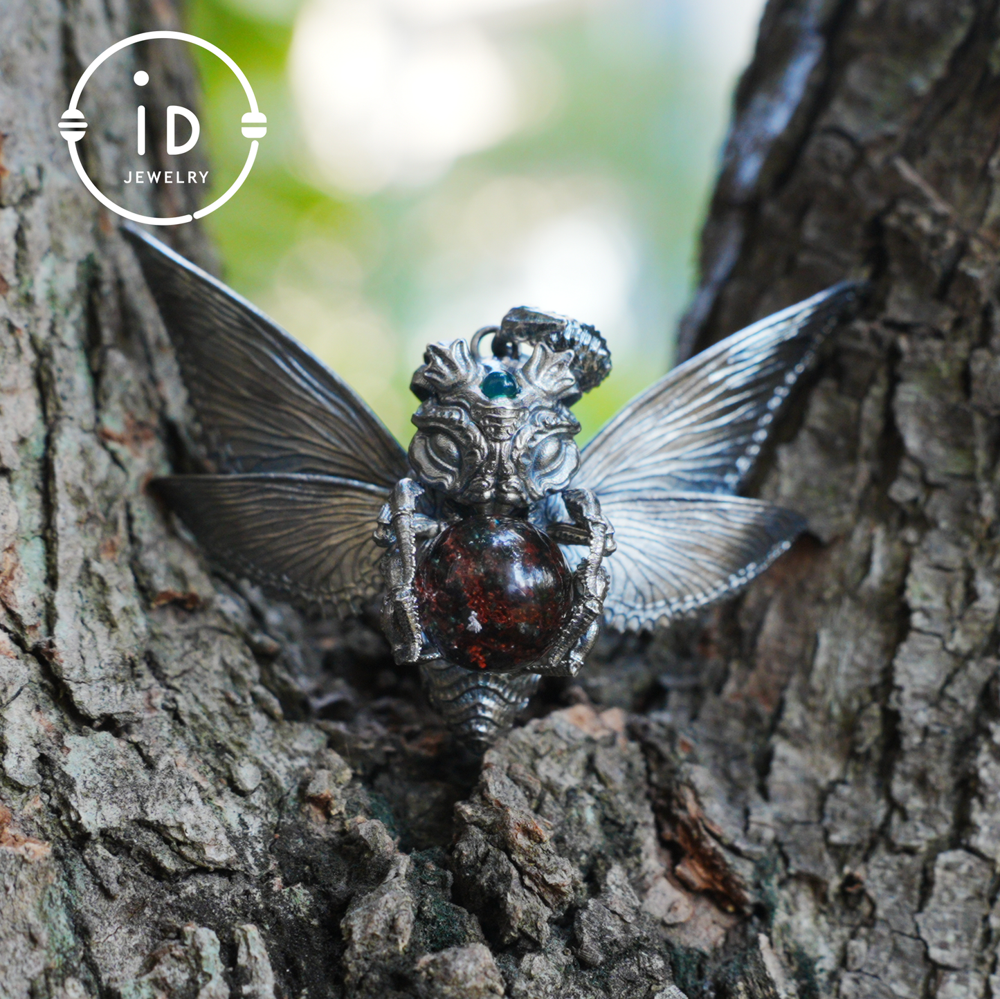 Silver Moth Pendant with Phantom Quartz, Green Zirconia and Natural Stone, Handcrafted Gothic Fantasy Jewelry Gift for Women