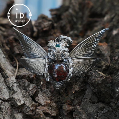 Silver Moth Pendant with Phantom Quartz, Green Zirconia and Natural Stone, Handcrafted Gothic Fantasy Jewelry Gift for Women