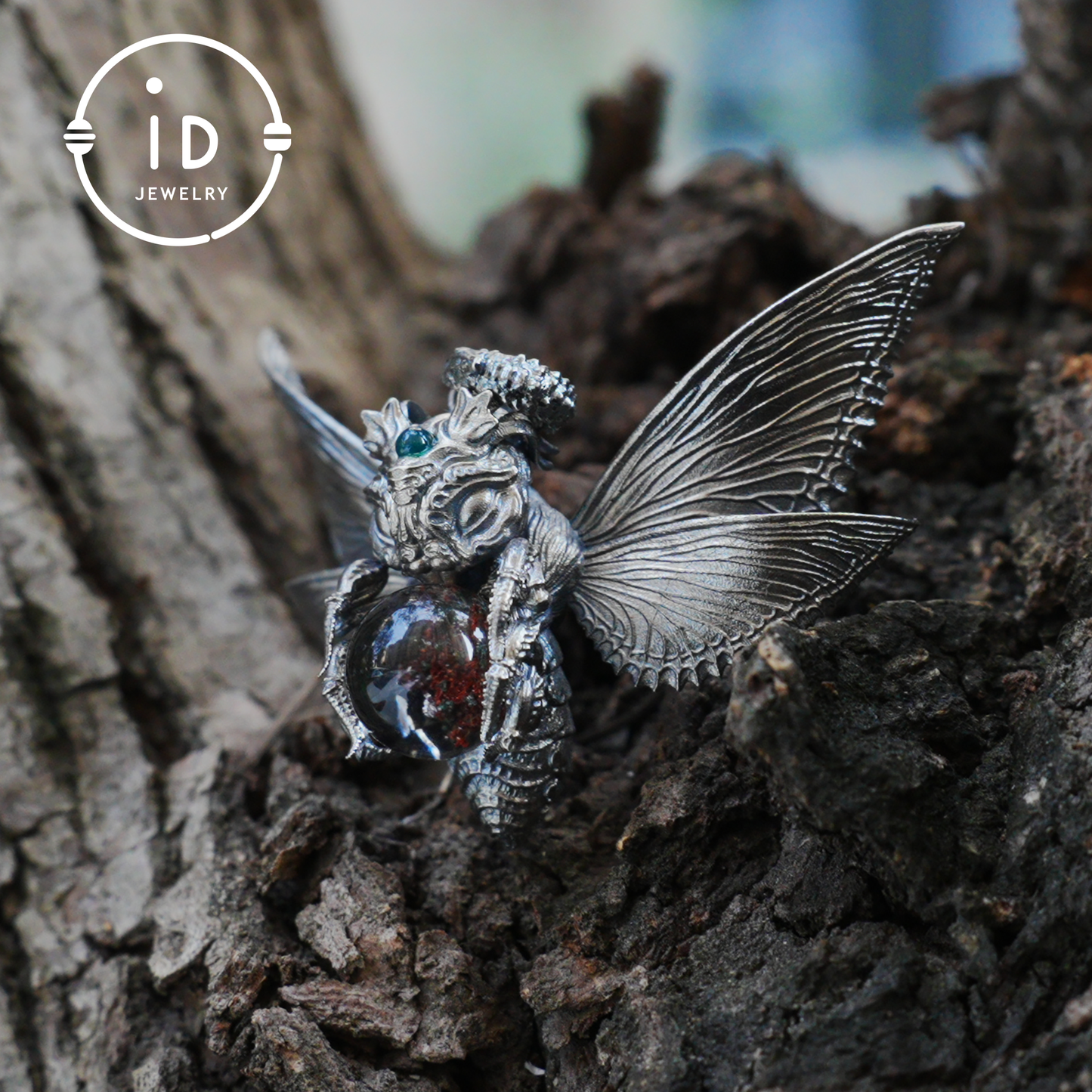 Silver Moth Pendant with Phantom Quartz, Green Zirconia and Natural Stone, Handcrafted Gothic Fantasy Jewelry Gift for Women