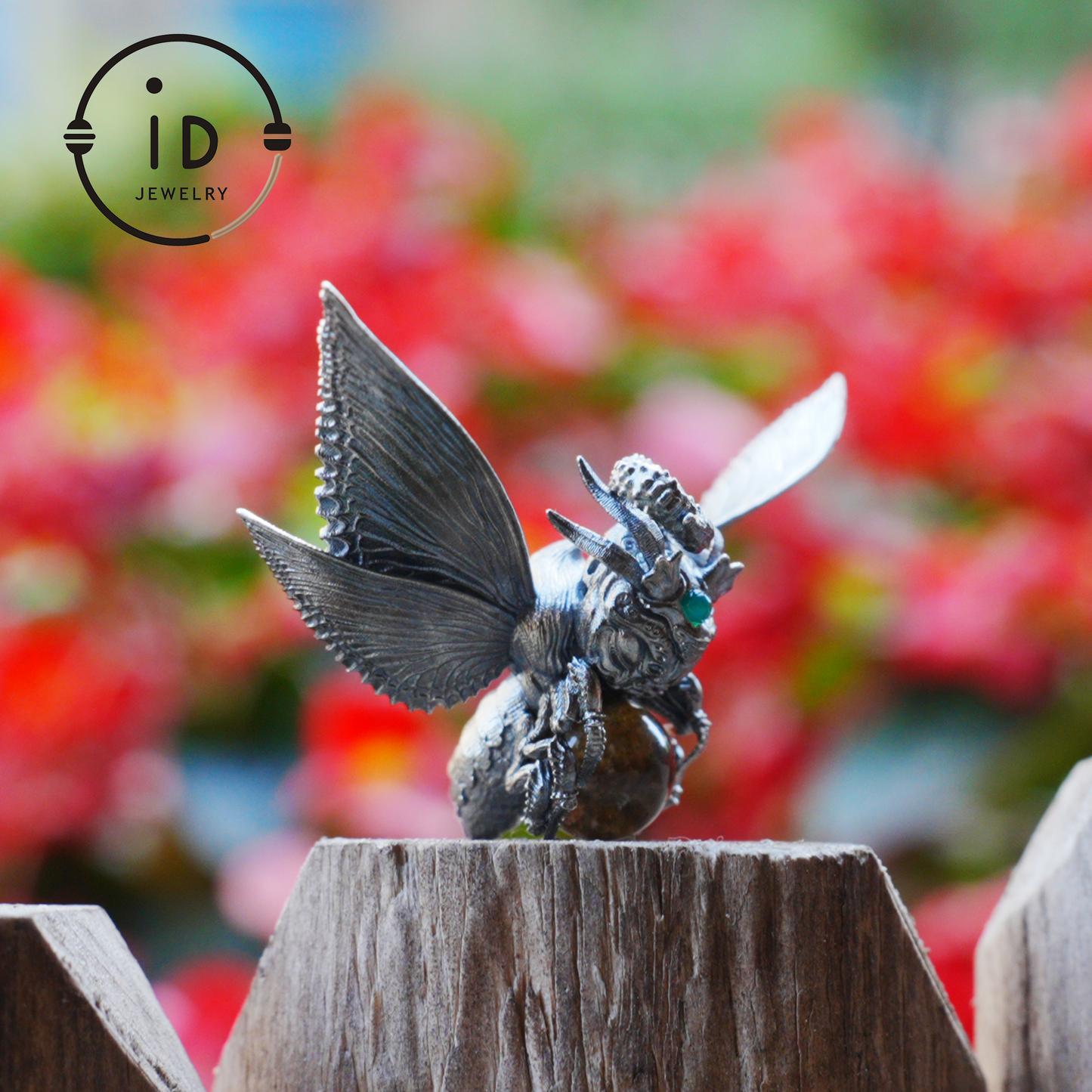 Silver Moth Pendant with Phantom Quartz, Green Zirconia and Natural Stone, Handcrafted Gothic Fantasy Jewelry Gift for Women