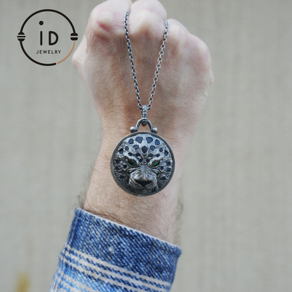 Sterling Silver Leopard Head Pendant with Black Jade, Green Zircon Eyes and Lapis Lazuli, Gothic Totem Necklace Gift for Men