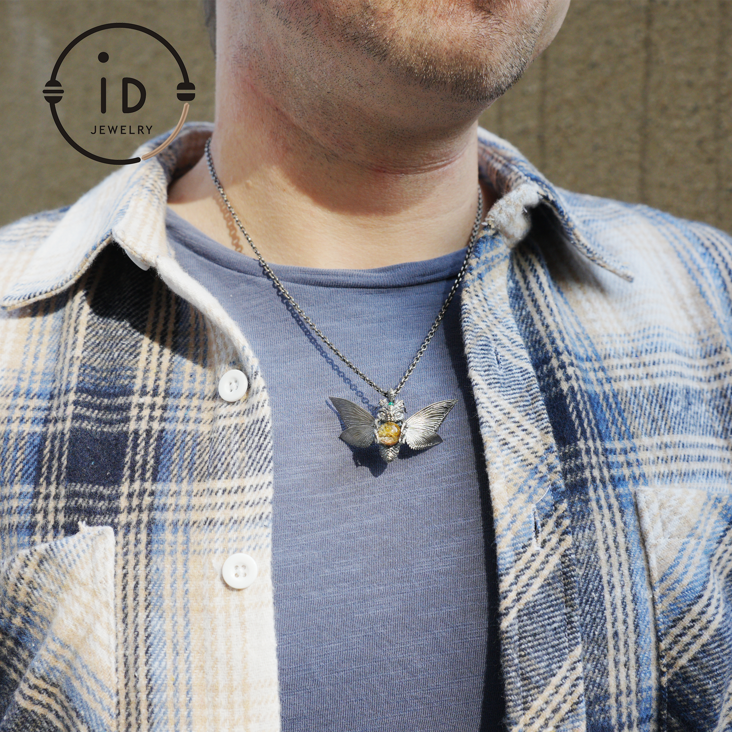 Silver Moth Pendant with Phantom Quartz, Green Zirconia and Natural Stone, Handcrafted Gothic Fantasy Jewelry Gift for Women