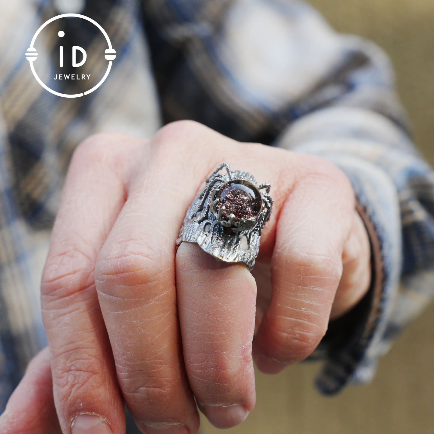 Phantom Quartz Spider Ring in 925 Silver, Adjustable Gothic Totem Statement Jewelry, Natural Stone Gift for Men and Women