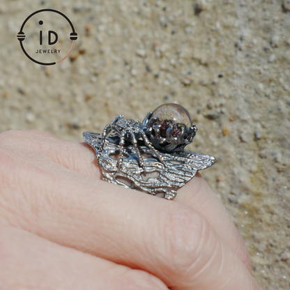 Phantom Quartz Spider Ring in 925 Silver, Adjustable Gothic Totem Statement Jewelry, Natural Stone Gift for Men and Women