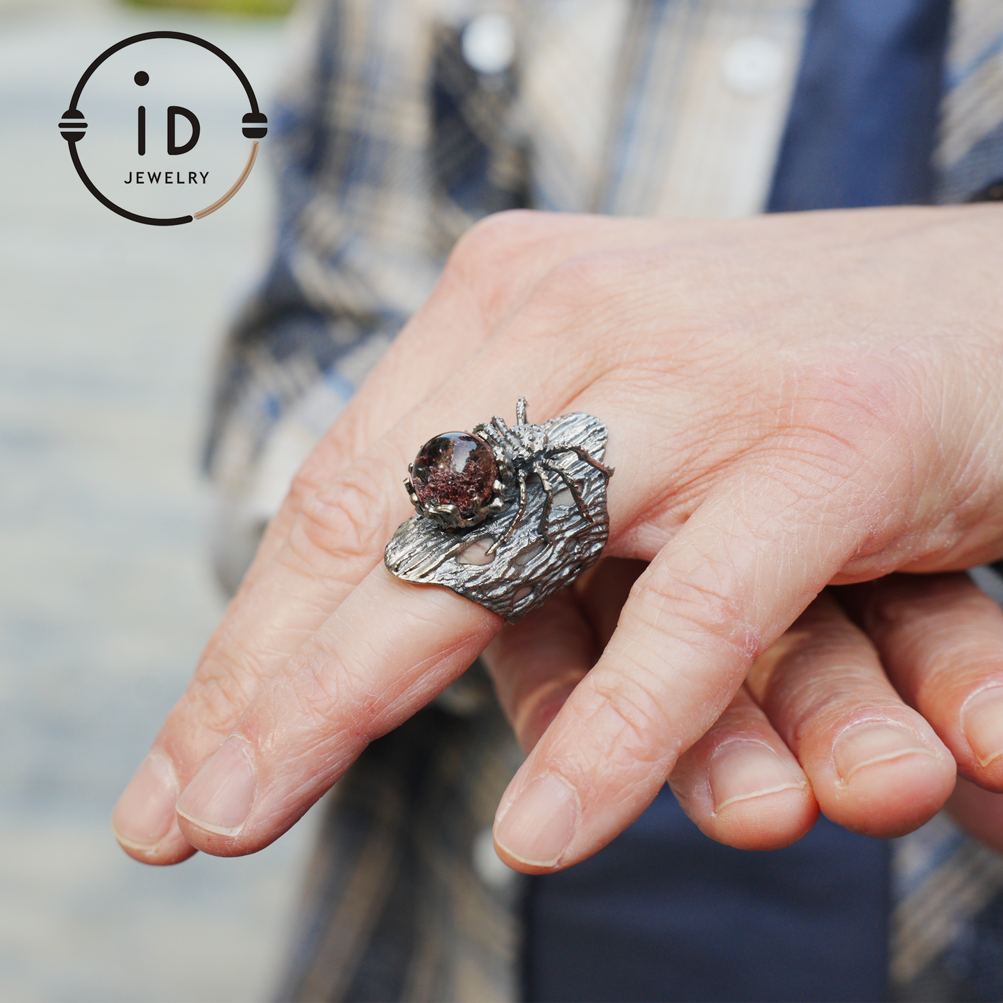 Phantom Quartz Spider Ring in 925 Silver, Adjustable Gothic Totem Statement Jewelry, Natural Stone Gift for Men and Women