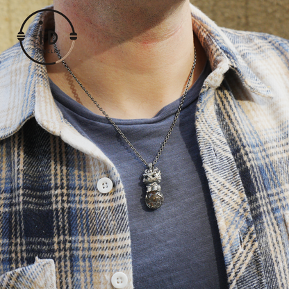 Totem Pendant with Phantom Quartz and Black Agate in 925 Silver, Handmade Fantasy Animal Jewelry in Gothic Vintage Style, Gift for Her