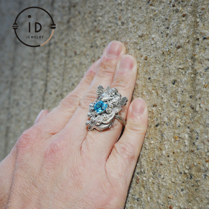 Adjustable Ring with Swiss Blue Topaz in 925 Silver, Oxidized Statement Ring in Gothic Fantasy Style, Handmade Jewelry Gift for Her