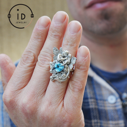 Adjustable Ring with Swiss Blue Topaz in 925 Silver, Oxidized Statement Ring in Gothic Fantasy Style, Handmade Jewelry Gift for Her