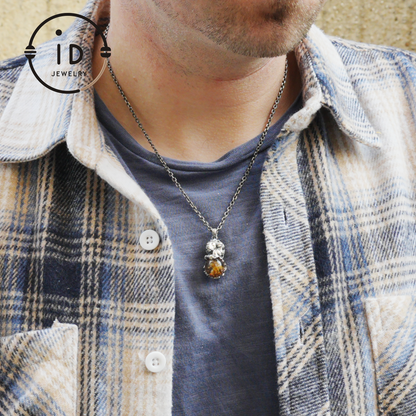 Totem Pendant in 925 Sterling Silver with Lion and Girl Figure, Handmade Talisman with Phantom Quartz Stone, Unique Gift for Men