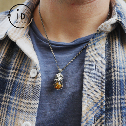 Totem Pendant in 925 Sterling Silver with Lion and Girl Figure, Handmade Talisman with Phantom Quartz Stone, Unique Gift for Men