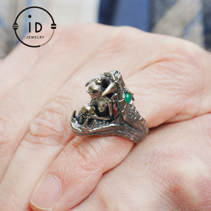 Adjustable Snake Ring Silver Gothic Tribal Totem Jewelry with Green Jade Symbolic Statement Ring Unique Gift for Men and Women