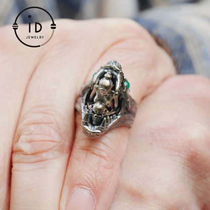 Adjustable Snake Ring Silver Gothic Tribal Totem Jewelry with Green Jade Symbolic Statement Ring Unique Gift for Men and Women