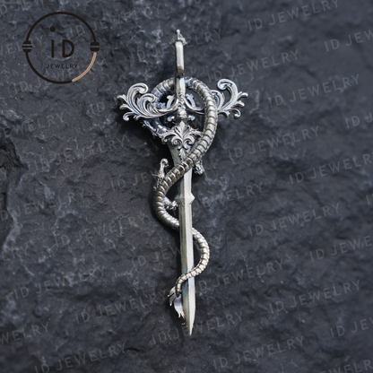 925 Silver Dragon Pendant Necklace｜Natural Topaz Amulet｜Medieval Fantasy Jewelry｜Gothic Dragon Style｜Spiritual Power Symbol