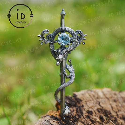 925 Silver Dragon Pendant Necklace｜Natural Topaz Amulet｜Medieval Fantasy Jewelry｜Gothic Dragon Style｜Spiritual Power Symbol
