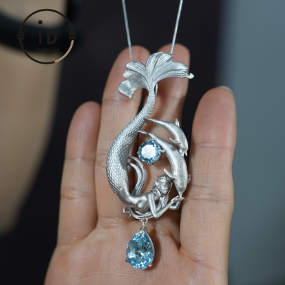 Traumhafter Ozean-Meerjungfrau-Anhänger - 925er Silber mit Aquamarin | Handgefertigter Fantasy-Schmuck