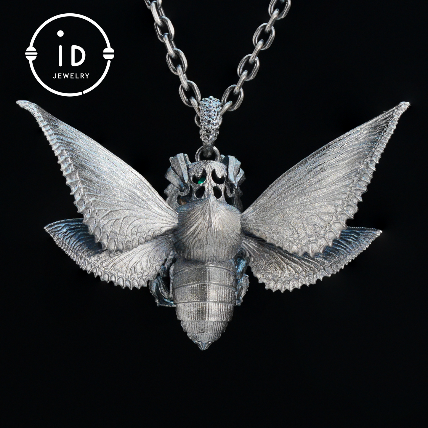 Silver Moth Pendant with Phantom Quartz, Green Zirconia and Natural Stone, Handcrafted Gothic Fantasy Jewelry Gift for Women