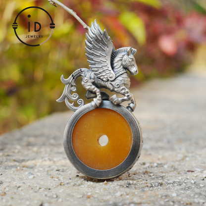 925 Silver Winged Horse Pendant with Yellow Jade and Chinese Calligraphy, Unique Chinese Design, Symbol of Freedom, Perfect Gift for Her